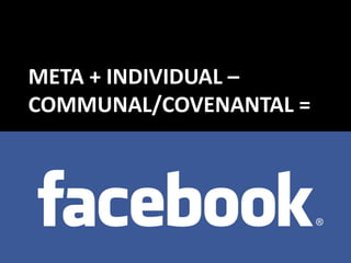 META + INDIVIDUAL –
COMMUNAL/COVENANTAL =
 