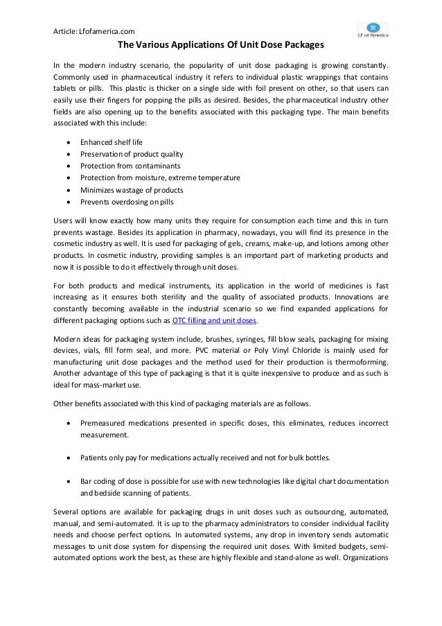 The Various Applications Of Unit Dose Packages