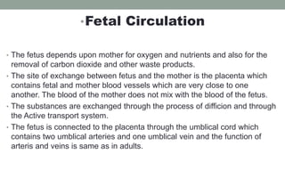 •Fetal Circulation
• The fetus depends upon mother for oxygen and nutrients and also for the
removal of carbon dioxide and other waste products.
• The site of exchange between fetus and the mother is the placenta which
contains fetal and mother blood vessels which are very close to one
another. The blood of the mother does not mix with the blood of the fetus.
• The substances are exchanged through the process of difficion and through
the Active transport system.
• The fetus is connected to the placenta through the umblical cord which
contains two umblical arteries and one umblical vein and the function of
arteris and veins is same as in adults.
 
