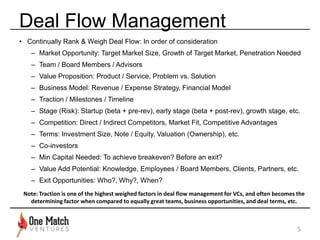 Deal Flow Management
• Continually Rank & Weigh Deal Flow: In order of consideration
– Market Opportunity: Target Market S...