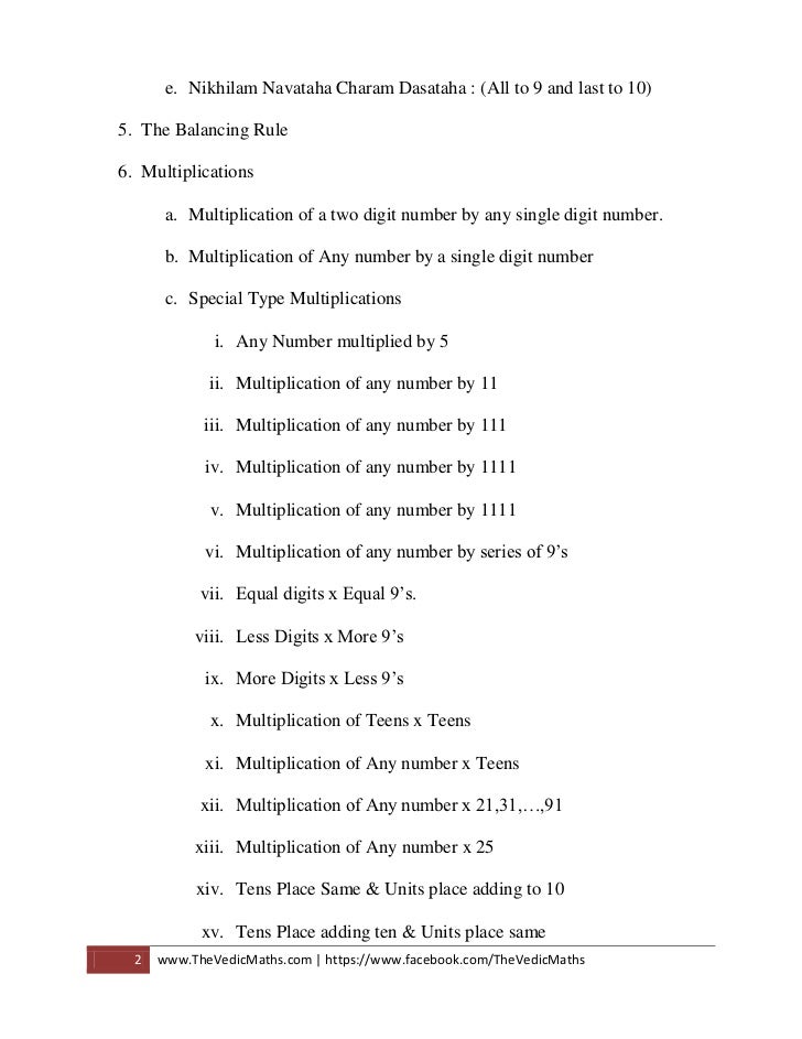 the vedic maths contents