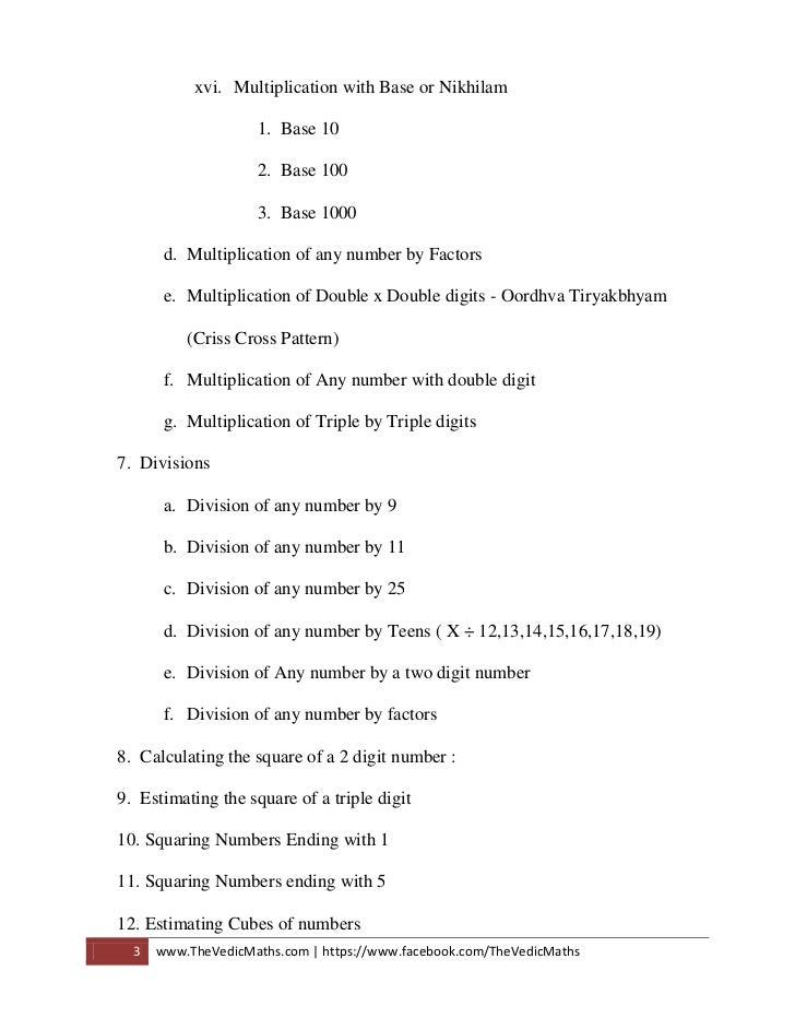 the vedic maths contents