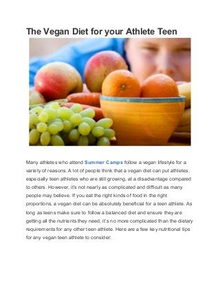 The Vegan Diet for your Athlete Teen  
 
   
Many athletes who attend ​Summer Camps​ follow a vegan lifestyle for a 
variety of reasons. A lot of people think that a vegan diet can put athletes, 
especially teen athletes who are still growing, at a disadvantage compared 
to others. However, it’s not nearly as complicated and difficult as many 
people may believe. If you eat the right kinds of food in the right 
proportions, a vegan diet can be absolutely beneficial for a teen athlete. As 
long as teens make sure to follow a balanced diet and ensure they are 
getting all the nutrients they need, it’s no more complicated than the dietary 
requirements for any other teen athlete. Here are a few key nutritional tips 
for any vegan teen athlete to consider:  
 
 