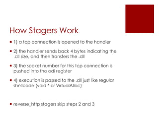 How Stagers Work
 1) a tcp connection is opened to the handler
 2) the handler sends back 4 bytes indicating the
.dll si...