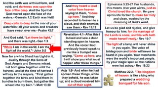 And the earth was without form, and
void; and darkness was upon the
face of the deep. And the Spirit of
God moved upon the face of the
waters.- Genesis 1:2 Earth was Hell!
"While I am in the world, I am the
light of the world."- John 9:5
And God said, “Let there be light,”
and there was light.- Gen 1:3
Deep calls to deep in the roar of your
waterfalls; all your waves and breakers
have swept over me.- Psalm 42:7
Now for a while Sheol has Light in it,
duality through the Sons of
God. Angels and Demons mixed.
Let both grow together until the
harvest, and at the time of harvest I
will say to the reapers, “First gather
together the tares and bind them in
bundles to burn them, but gather the
wheat into my barn.”- Matt 13:30
The light of a lamp will never shine
in you again. The voice of
bridegroom and bride will never be
heard in you again. Your merchants
were the world’s important people.
By your magic spell all the nations
were led astray.- Rev 18:23
Ephesians 5:25-27 For husbands,
this means love your wives, just as
Christ loved the church. He gave
up his life for her to make her holy
and clean, washed by the
cleansing of God's word.
Let us be glad and rejoice, and give
honour to him: for the marriage of
the Lamb is come, and his wife hath
made herself ready.- Rev 19:7
Matthew 22:2- "The kingdom
of heaven is like a king who
prepared a wedding
banquet for his son.
And they heard a loud
voice from heaven
saying to them, “Come
up here.” And they
ascended to heaven in a
cloud, and their enemies
saw them.- Rev 11:12
Revelation 4:1- After this I
looked and saw a door
standing open in heaven.
And the voice I had
previously heard speak to
me like a trumpet was
saying, "Come up here, and
I will show you what must
happen after these things."
Acts 1:9- And when he had
spoken these things, while
they beheld, he was taken
up; and a cloud received him
out of their sight.
 