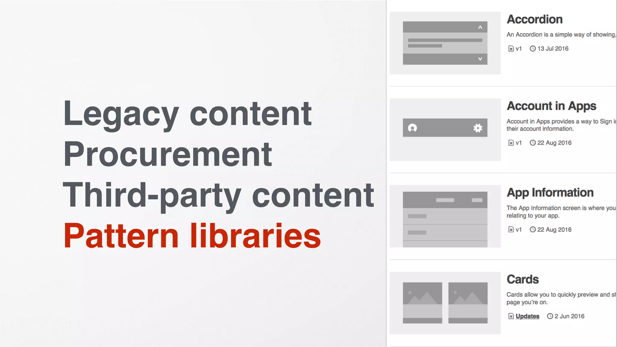 Legacy content
Procurement
Third-party content
Pattern libraries
 