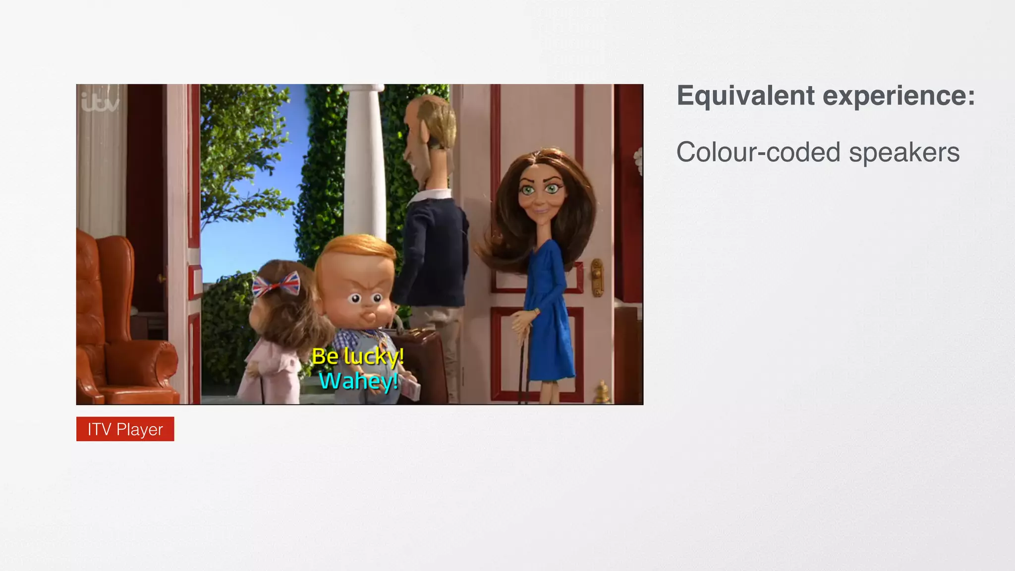 Equivalent experience:
Colour-coded speakers
ITV Player
 