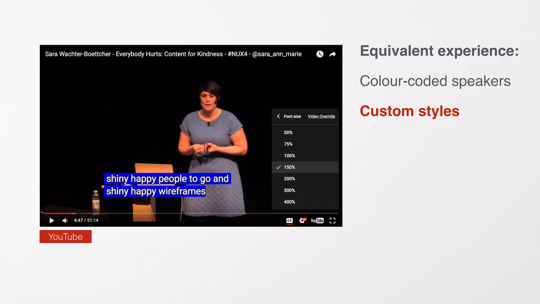 Equivalent experience:
Colour-coded speakers
Custom styles
YouTube
 