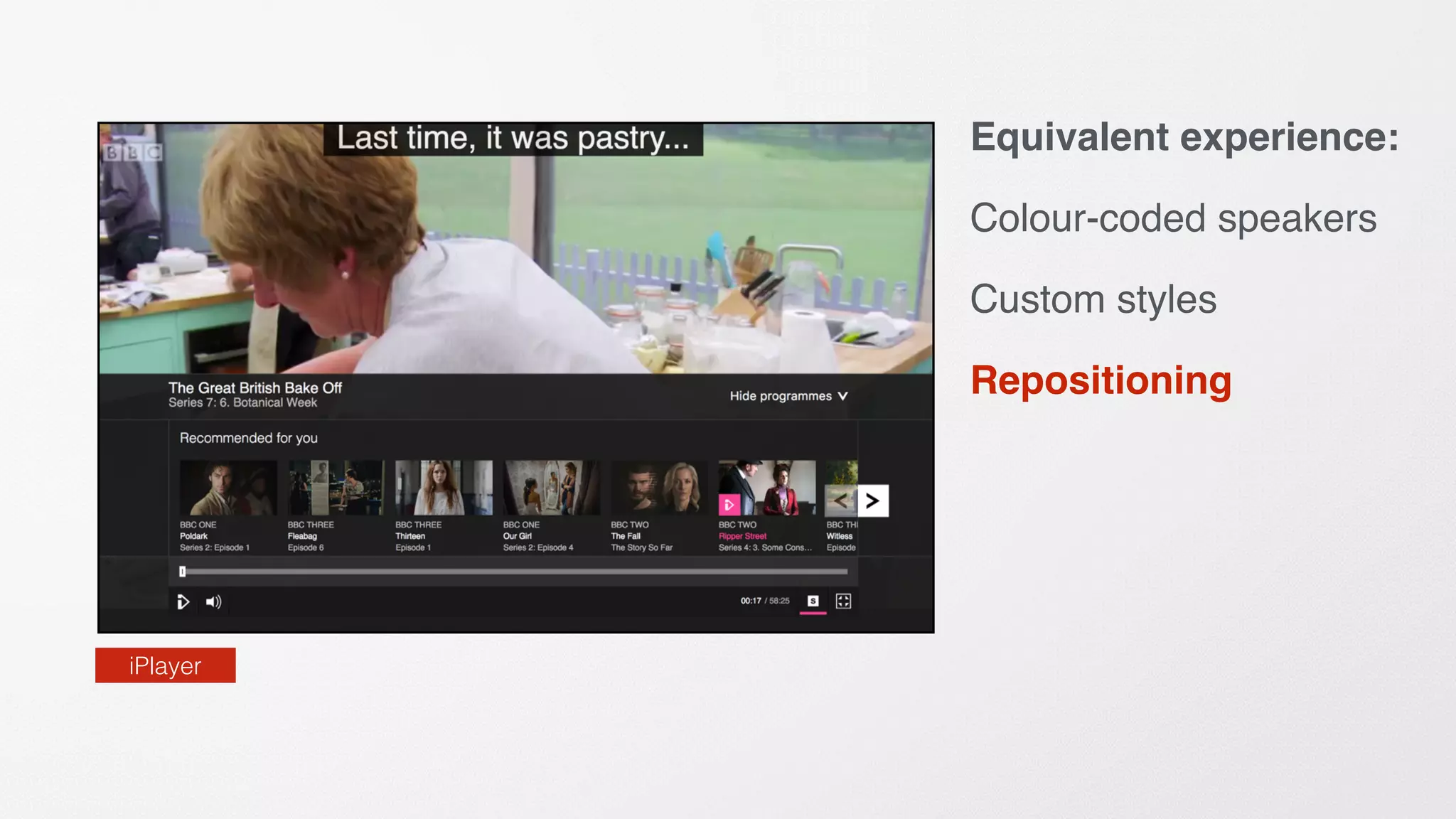 Equivalent experience:
Colour-coded speakers
Custom styles
Repositioning
iPlayer
 