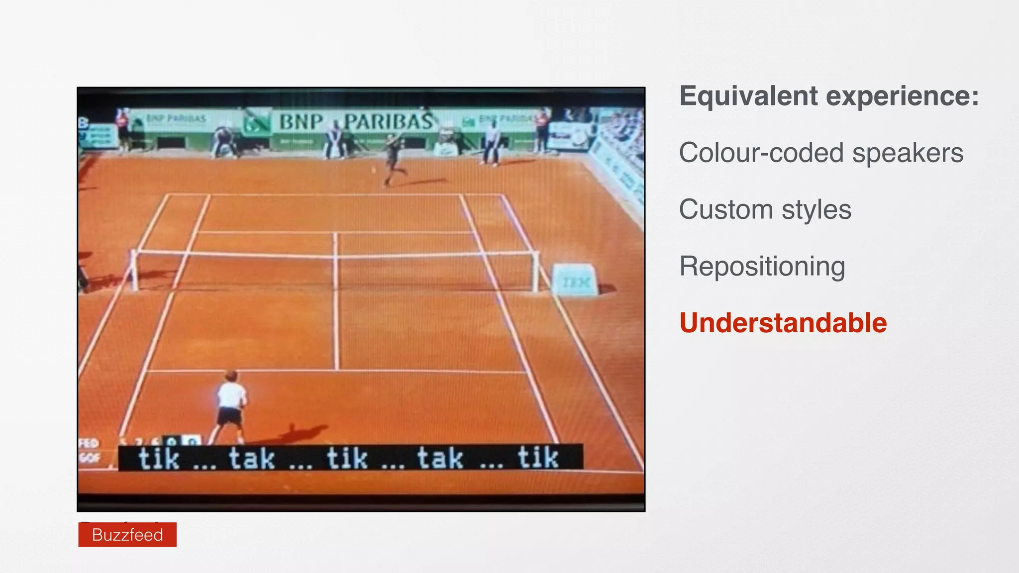 Equivalent experience:
Colour-coded speakers
Custom styles
Repositioning
Understandable
BuzzfeedBuzzfeed
 