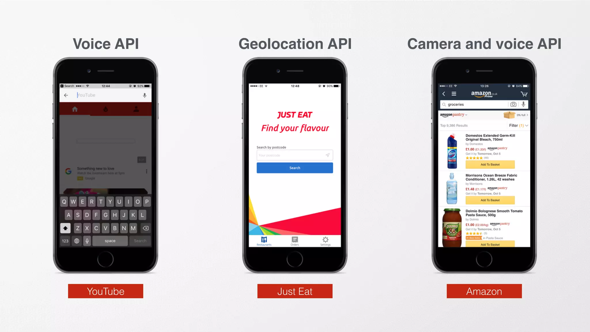 Just Eat AmazonYouTube
Voice API Geolocation API Camera and voice API
 
