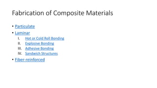 Fabrication of Composite Materials
• Particulate
• Laminar
I. Hot or Cold Roll Bonding
II. Explosive Bonding
III. Adhesive Bonding
IV. Sandwich Structures
• Fiber-reinforced
 
