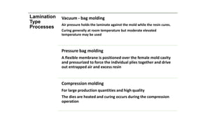 Lamination
Type
Processes
Vacuum - bag molding
Air pressure holds the laminate against the mold while the resin cures.
Curing generally at room temperature but moderate elevated
temperature may be used
Pressure bag molding
A flexible membrane is positioned over the female mold cavity
and pressurized to force the individual plies together and drive
out entrapped air and excess resin
Compression molding
For large production quantities and high quality
The dies are heated and curing occurs during the compression
operation
 