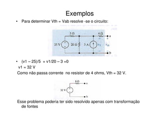 Exemplos 
• Para determinar Vth = Vab resolve -se o circuito: 
• (v1 – 25)/5 + v1/20 – 3 =0 
v1 = 32 V 
Como não passa corrente no resistor de 4 ohms, Vth = 32 V. 
Esse problema poderia ter sido resolvido apenas com transformação 
de fontes 
 