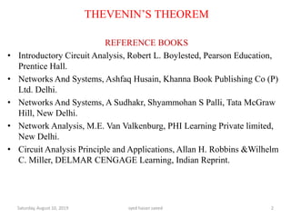 THEVENIN’S THEOREM
REFERENCE BOOKS
• Introductory Circuit Analysis, Robert L. Boylested, Pearson Education,
Prentice Hall.
• Networks And Systems, Ashfaq Husain, Khanna Book Publishing Co (P)
Ltd. Delhi.
• Networks And Systems, A Sudhakr, Shyammohan S Palli, Tata McGraw
Hill, New Delhi.
• Network Analysis, M.E. Van Valkenburg, PHI Learning Private limited,
New Delhi.
• Circuit Analysis Principle and Applications, Allan H. Robbins &Wilhelm
C. Miller, DELMAR CENGAGE Learning, Indian Reprint.
Saturday, August 10, 2019 syed hasan saeed 2
 