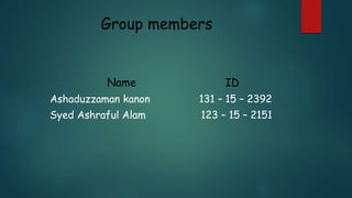 Group members
Name ID
Ashaduzzaman kanon 131 – 15 – 2392
Syed Ashraful Alam 123 – 15 – 2151
 
