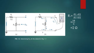 Rth=
𝑅1 ∗𝑅2
𝑅1+𝑅2
=
18
9
=2 Ω
FIG. 1.2 Determining RTh for the network in Fig. 1.1
 