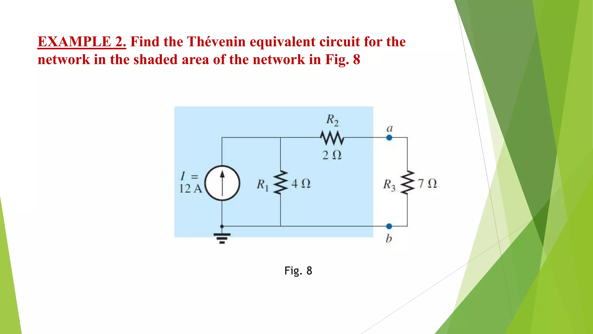 EXAMPLE 2. Find the Thévenin equivalent circuit for the
network in the shaded area of the network in Fig. 8
Fig. 8
 