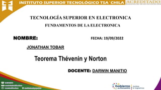 NOMBRE:
TECNOLOGÍA SUPERIOR EN ELECTRONICA
FUNDAMENTOS DE LA ELECTRONICA
DOCENTE: DARWIN MANITIO
JONATHAN TOBAR
FECHA: 19/09/2022
Teorema Thévenin y Norton.
 