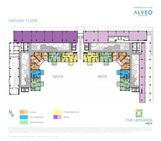NO REPRESENTATION IS BEING MADE HEREIN. THE PARTICULARS, DETAILS AND VISUALS SHOWN HEREIN ARE INTENDED TO GIVE A GENERAL IDEA OF THE PROJECT AND AS SUCH ARE NOT TO BE RELIED UPON AS STATEMENTS OF
FACT. WHILE SUCH PARTICULARS AND DETAILS ARE BASED ON PRESENT PLANS WHICH HAVE BEEN PREPARED WITH UTMOST CARE AND ARE GIVEN IN GOOD FAITH, INTERESTED PARTIES ARE INVITED TO VERIFY THEIR FACTUAL
CORRECTNESS AND SUBSEQUENT CHANGES, IF ANY. THE CONTENTS HEREIN ARE SUBJECT TO CHANGE WITHOUT PRIOR NOTICE AND DO NOT CONSTITUTE PART OF AN OFFER OR CONTRACT.
FOR INTERNAL TRAINING PURPOSES ONLY VERSION 1.0 AS OF JULY 2014
SOUTH WEST
N Studio
One-Bedroom
Two-Bedroom
Three-Bedroom
Retail
GROUND FLOOR
 