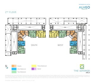 NO REPRESENTATION IS BEING MADE HEREIN. THE PARTICULARS, DETAILS AND VISUALS SHOWN HEREIN ARE INTENDED TO GIVE A GENERAL IDEA OF THE PROJECT AND AS SUCH ARE NOT TO BE RELIED UPON AS STATEMENTS OF
FACT. WHILE SUCH PARTICULARS AND DETAILS ARE BASED ON PRESENT PLANS WHICH HAVE BEEN PREPARED WITH UTMOST CARE AND ARE GIVEN IN GOOD FAITH, INTERESTED PARTIES ARE INVITED TO VERIFY THEIR FACTUAL
CORRECTNESS AND SUBSEQUENT CHANGES, IF ANY. THE CONTENTS HEREIN ARE SUBJECT TO CHANGE WITHOUT PRIOR NOTICE AND DO NOT CONSTITUTE PART OF AN OFFER OR CONTRACT.
FOR INTERNAL TRAINING PURPOSES ONLY VERSION 1.0 AS OF JULY 2014
N Studio
One-Bedroom
Two-Bedroom
Three-Bedroom
Retail
2nd
FLOOR
SOUTH WEST
 