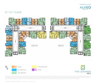 NO REPRESENTATION IS BEING MADE HEREIN. THE PARTICULARS, DETAILS AND VISUALS SHOWN HEREIN ARE INTENDED TO GIVE A GENERAL IDEA OF THE PROJECT AND AS SUCH ARE NOT TO BE RELIED UPON AS STATEMENTS OF
FACT. WHILE SUCH PARTICULARS AND DETAILS ARE BASED ON PRESENT PLANS WHICH HAVE BEEN PREPARED WITH UTMOST CARE AND ARE GIVEN IN GOOD FAITH, INTERESTED PARTIES ARE INVITED TO VERIFY THEIR FACTUAL
CORRECTNESS AND SUBSEQUENT CHANGES, IF ANY. THE CONTENTS HEREIN ARE SUBJECT TO CHANGE WITHOUT PRIOR NOTICE AND DO NOT CONSTITUTE PART OF AN OFFER OR CONTRACT.
FOR INTERNAL TRAINING PURPOSES ONLY VERSION 1.0 AS OF JULY 2014
N Studio
One-Bedroom
Two-Bedroom
Three-Bedroom
Retail
8TH
-15TH
FLOOR
SOUTH WEST
 