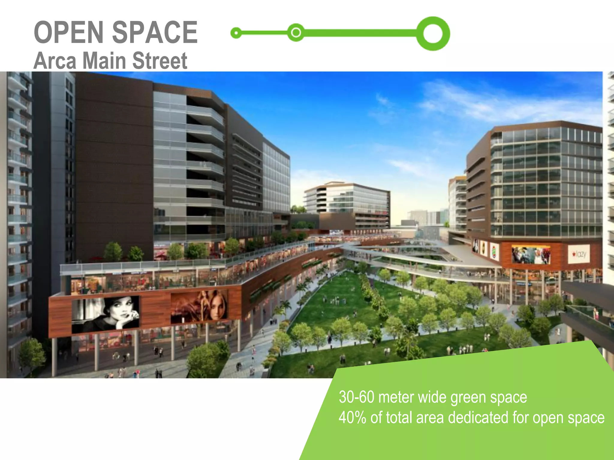 Artist rendition
30-60 meter wide green space
40% of total area dedicated for open space
OPEN SPACE
Arca Main Street
 