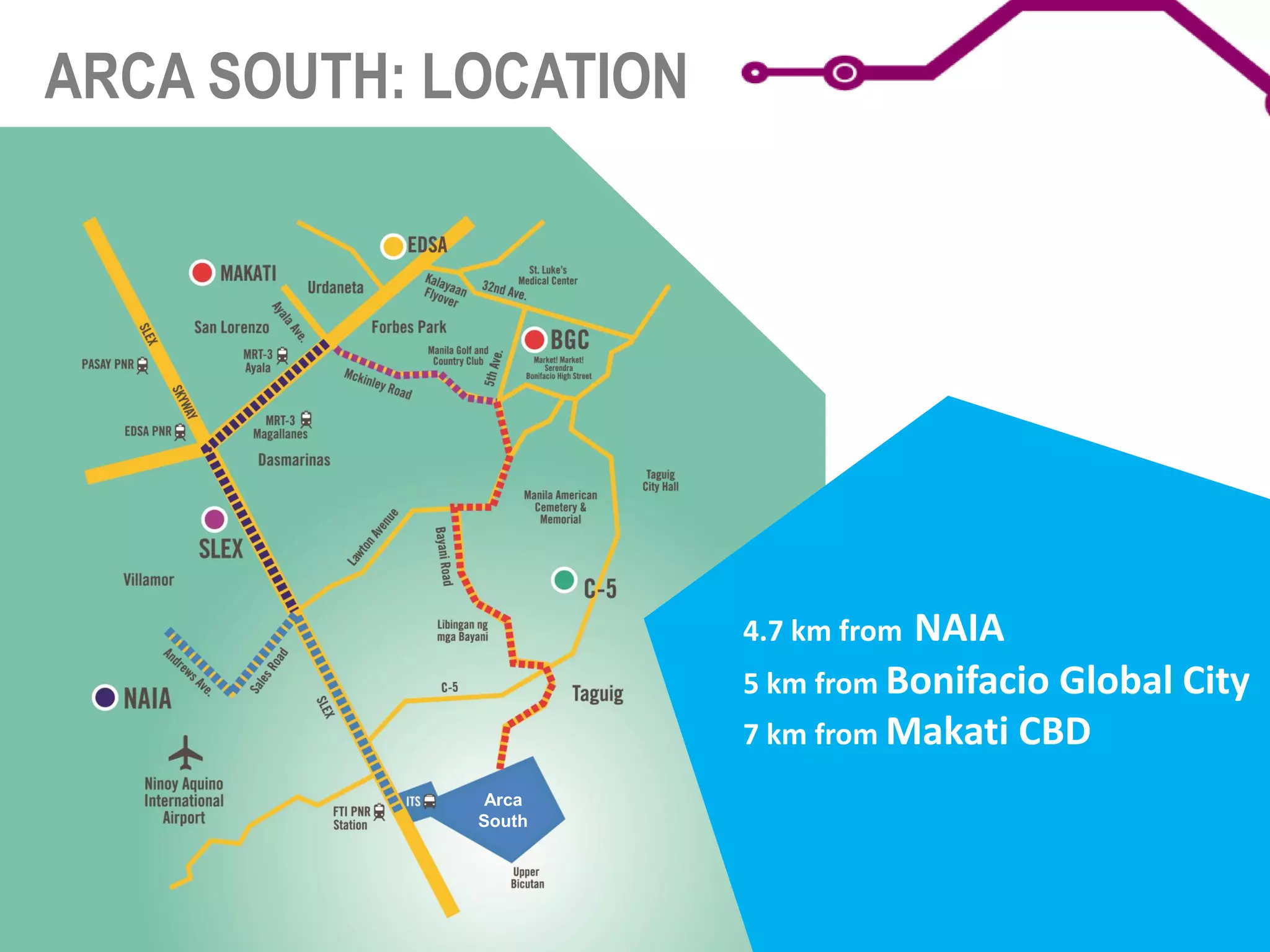 4.7 km from NAIA
5 km from Bonifacio Global City
7 km from Makati CBD
Arca
South
ARCA SOUTH: LOCATION
 