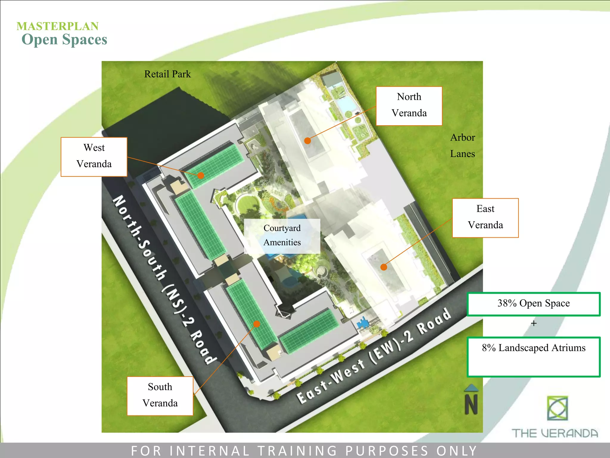West
Veranda
South
Veranda
Courtyard
Amenities
38% Open Space
North
Veranda
East
Veranda
8% Landscaped Atriums
+
Retail Park
Arbor
Lanes
MASTERPLAN
Open Spaces
F O R I N T E R N A L T R A I N I N G P U R P O S E S O N LY
 