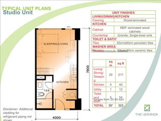 TYPICAL UNIT PLANS
Studio Unit
sq
m
sq ft
Living/
Dining/
Sleepin
g
20 217
Kitchen 4 40
Utility 1 12
Toilet
and
Bath
5 54
TOTAL 30* 323
Disclaimer: Additional
cladding for
refrigerant piping not
*Shower enclosure included.
UNIT FINISHES
LIVING/DINING/KITCHEN
Flooring Wood-laminated
KITCHEN
Cabinet
MDF laminated wood
cabinets
Countertop Granite; Single-bowl sink
TOILET & BATH*
Tiles 30cmx60cm porcelain tiles
WASHER AREA
Flooring 30cmx30cm ceramic tiles
*ranges from 30-39 sqm
 