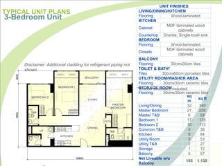 TYPICAL UNIT PLANS
3-Bedroom Unit
sq
m
sq ft
Living/Dining 32 340
Master Bedroom 21 226
Master T&B 6 59
Bedroom 1 17 178
Bedroom 2 10 113
Common T&B 3 38
Kitchen 8 84
Utility Room 5 53
Utility T&B 2 27
Storage 1 12
Balcony 5 57
Net Liveable w/o
Balcony
105 1,130
UNIT FINISHES
LIVING/DINING/KITCHEN
Flooring Wood-laminated
KITCHEN
Cabinet
MDF laminated wood
cabinets
Countertop Granite; Single-bowl sink
BEDROOM
Flooring Wood-laminated
Closets
MDF laminated wood
cabinets
BALCONY
Flooring 30cmx30cm tiles
TOILET & BATH*
Tiles 30cmx60cm porcelain tiles
UTILITY ROOM/WASHER AREA
Flooring 30cmx30cm ceramic tiles
STORAGE ROOM
Flooring 30cmx30cm ceramic tiles
Disclaimer: Additional cladding for refrigerant piping not
shown
*Shower enclosure included.
 