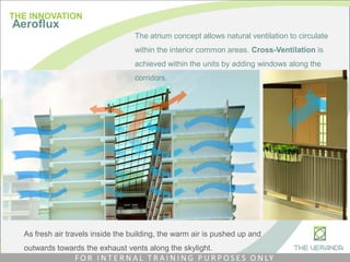 The atrium concept allows natural ventilation to circulate
within the interior common areas. Cross-Ventilation is
achieved within the units by adding windows along the
corridors.
As fresh air travels inside the building, the warm air is pushed up and
outwards towards the exhaust vents along the skylight.
THE INNOVATION
Aeroflux
F O R I N T E R N A L T R A I N I N G P U R P O S E S O N LY
 