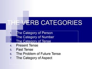 THE VERB CATEGORIES
1. The Category of Person
2. The Category of Number
3. The Category of Tense
4. Present Tense
5. Past Tense
6. The Problem of Future Tense
7. The Category of Aspect
 