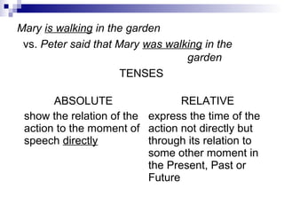 Mary is walking in the garden
vs. Peter said that Mary was walking in the
garden
TENSES
ABSOLUTE
show the relation of the
action to the moment of
speech directly
RELATIVE
express the time of the
action not directly but
through its relation to
some other moment in
the Present, Past or
Future
 