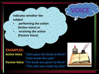 VOICE
     Indicates whether the
     subject
     • performing the action
         (Active voice) or
     • receiving the action
         (Passive Voice)



EXAMPLES:
Active Voice – “John gave the book to Mark”
               “Julia made the cake”
Passive Voice "The book was given to Mark“
               “The cake was made by Julia”
by John”
 