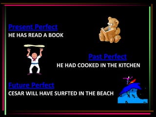 Present Perfect
HE HAS READ A BOOK


                           Past Perfect
                 HE HAD COOKED IN THE KITCHEN


Future Perfect
CESAR WILL HAVE SURFTED IN THE BEACH
 