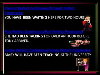 Present Perfect Continuous/Present Perfect
Progressive
YOU HAVE BEEN WAITING HERE FOR TWO HOURS.


Past Perfect Continuous/Past Perfect Progressive
SHE HAD BEEN TALKING FOR OVER AN HOUR BEFORE
TONY ARRIVED.

Future Perfect Continuous/Future Perfect Progressive
MARY WILL HAVE BEEN TEACHING AT THE UNIVERSITY
 