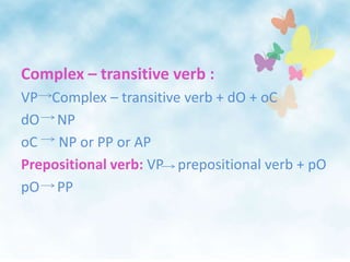Complex – transitive verb : VP    Complex – transitive verb + dO + oCdO     NP oC      NP or PP or AP Prepositional verb: VP    prepositional verb + pOpO     PP 