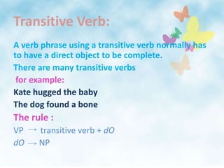 Transitive Verb:A verb phrase using a transitive verb normally has to have a direct object to be complete.There are many transitive verbs for example:Kate hugged the babyThe dog found a boneThe rule :VP        transitive verb + dOdONP