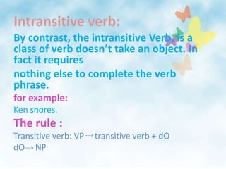 Intransitive verb:By contrast, the intransitive Verb, is a class of verb doesn’t take an object. In fact it requires nothing else to complete the verb phrase.for example: Ken snores.    The rule :Transitive verb: VP     transitive verb + dOdO     NP