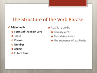 The Structure of the Verb Phrase
 Main Verb
 Forms of the main verb
 Tense
 Person
 Number
 Aspect
 Future time
 Auxiliary verbs
 Primary verbs
 Modal Auxiliaries
 The sequence of auxiliaries
 