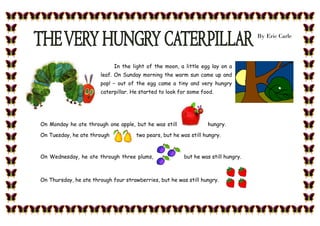 By Eric Carle



                             In the light of the moon, a little egg lay on a
                       leaf. On Sunday morning the warm sun came up and
                       pop! – out of the egg came a tiny and very hungry
                       caterpillar. He started to look for some food.




On Monday he ate through one apple, but he was still               hungry.

On Tuesday, he ate through            two pears, but he was still hungry.



On Wednesday, he ate through three plums,                but he was still hungry.



On Thursday, he ate through four strawberries, but he was still hungry.
 