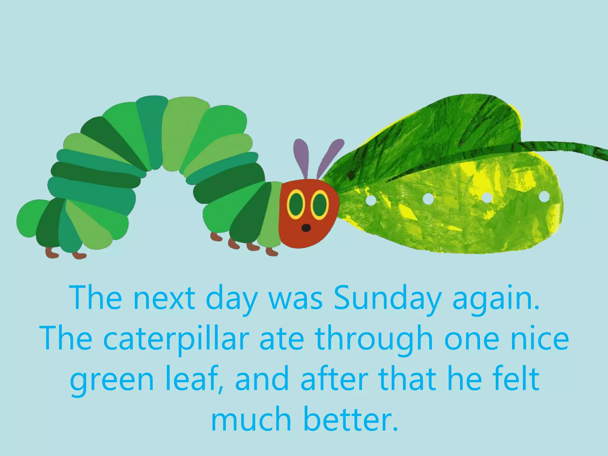 The next day was Sunday again.
The caterpillar ate through one nice
green leaf, and after that he felt
much better.