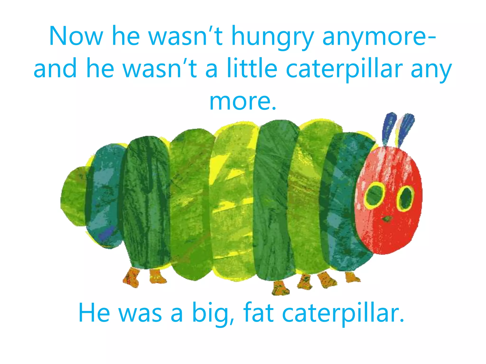 Now he wasn’t hungry anymore-
and he wasn’t a little caterpillar any
more.
He was a big, fat caterpillar.