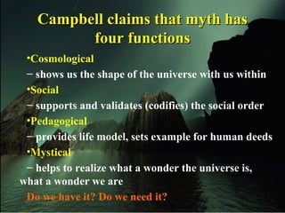 Campbell claims that myth hasCampbell claims that myth has
four functionsfour functions
•Cosmological
− shows us the shape of the universe with us within
•Social
− supports and validates (codifies) the social order
•Pedagogical
− provides life model, sets example for human deeds
•Mystical
− helps to realize what a wonder the universe is,
what a wonder we are
Do we have it? Do we need it?
 