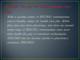 With a median salary of $82,900, veterinarians
earn a healthy salary for health care jobs. While
they earn less than physicians, who have an annual
mean wage of $183,170, veterinarians earn more
than double the pay of veterinary technologists
($30,140) and an amount similar to physician's
assistants ($89,860).
 