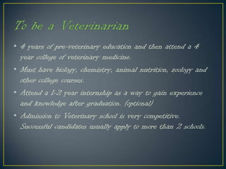 • 4 years of pre-veterinary education and then attend a 4
year college of veterinary medicine.
• Must have biology, chemistry, animal nutrition, zoology and
other college courses.
• Attend a 1-2 year internship as a way to gain experience
and knowledge after graduation. (optional)
• Admission to Veterinary school is very competitive.
Successful candidates usually apply to more than 2 schools.
 