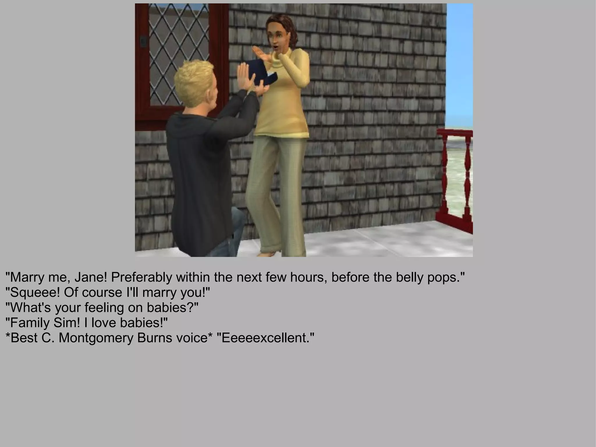 "Marry me, Jane! Preferably within the next few hours, before the belly pops."
"Squeee! Of course I'll marry you!"
"What's your feeling on babies?"
"Family Sim! I love babies!"
*Best C. Montgomery Burns voice* "Eeeeexcellent."
 