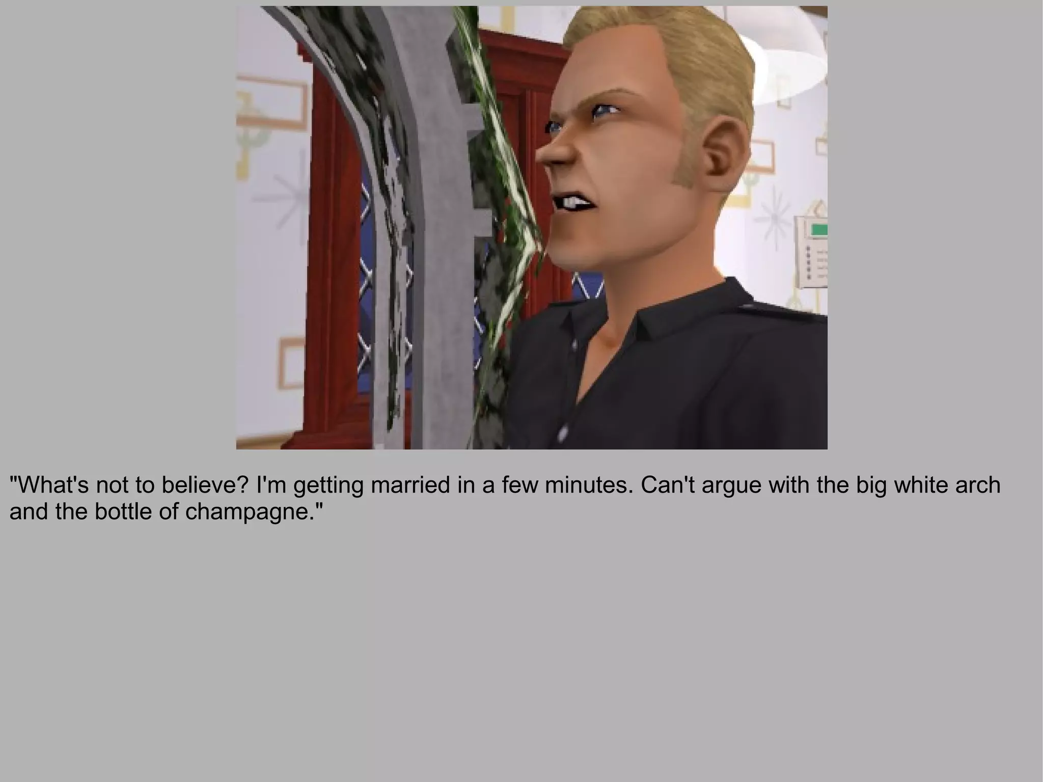 "What's not to believe? I'm getting married in a few minutes. Can't argue with the big white arch
and the bottle of champagne."
 