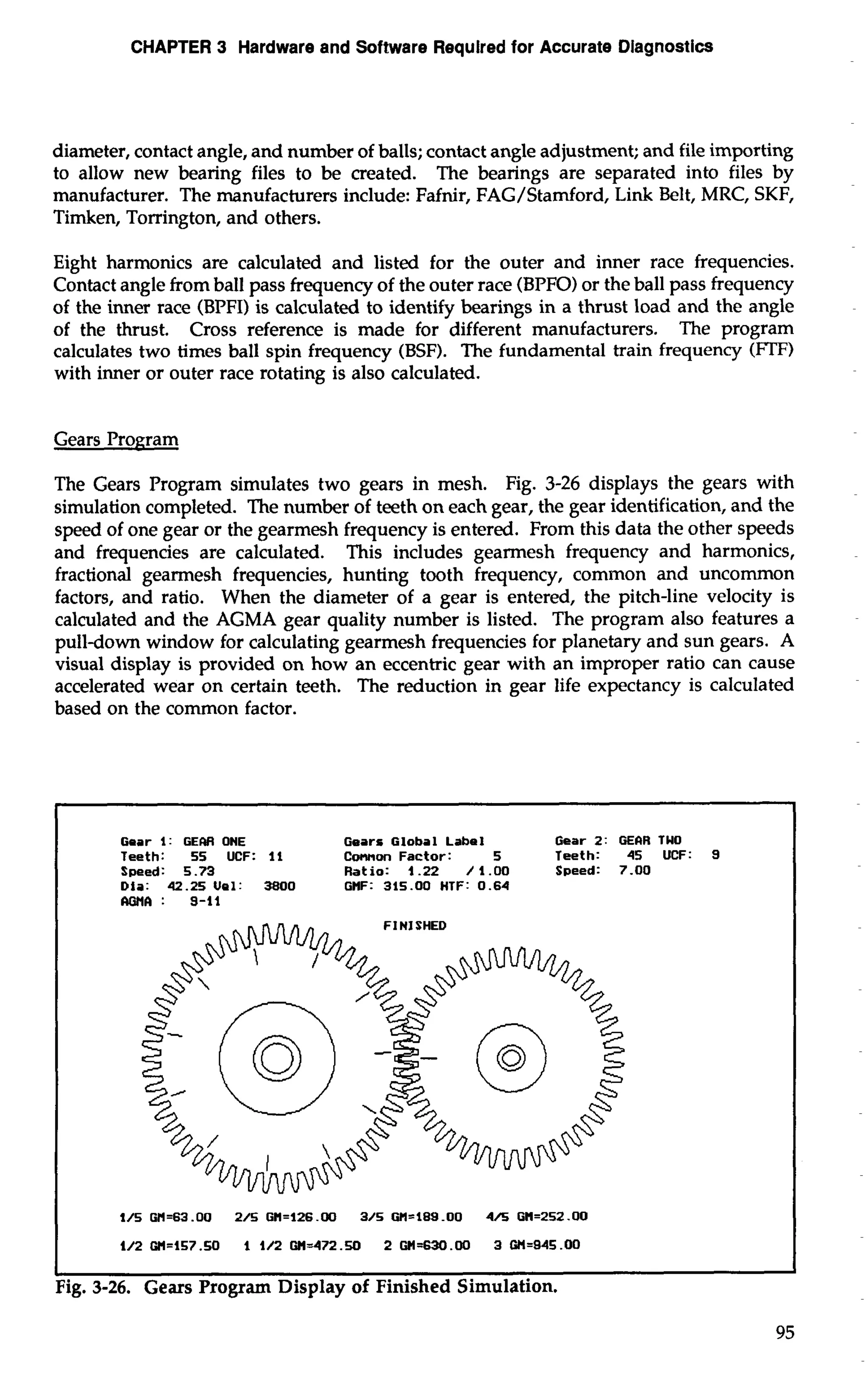 CHAPTER 3 Hardware and Software Requlred for Accurate Diagnostics 
diameter, contact angle, and number of balls; contact angle adjustment; and file importing 
to allow new bearing files to be created. The bearings are separated into files by 
manufacturer. The manufacturers include: Fafnir, FAG/Stamford, Link Belt, MRC, SKF, 
Timken, Torrington, and others. 
Eight harmonics are calculated and listed for the outer and inner race frequencies. 
Contact angle from ball pass frequency of the outer race (BPFO) or the ball pass frequency 
of the inner race (BPFI) is calculated to identify bearings in a thrust load and the angle 
of the thrust. Cross reference is made for different manufacturers. The program 
calculates two times ball spin frequency (BSF). The fundamental train frequency (FTF) 
with inner or outer race rotating is also calculated. 
Gears Program 
The Gears Program simulates two gears in mesh. Fig. 3-26 displays the gears with 
simulation completed. The number of teeth on each gear, the gear identification, and the 
speed of one gear or the gearmesh frequency is entered. From this data the other speeds 
and frequencies are calculated. This includes gearmesh frequency and harmonics, 
fractional geamesh frequencies, hunting tooth frequency, common and uncommon 
factors, and ratio. When the diameter of a gear is entered, the pitch-line velocity is 
calculated and the AGMA gear quality number is listed. The program also features a 
pulldown window for calculating gearmesh frequencies for planetary and sun gears. A 
visual display is provided on how an eccentric gear with an improper ratio can cause 
accelerated wear on certain teeth. The reduction in gear life expectancy is calculated 
based on the common factor. 
Gear 1 : GEM ONE Gears Global Label Gear 2: GEnR TUO 
Teeth: 55 UCF: 11 Connon Factor: 5 Teeth: 45 UCF: 9 
Speed: 5.73 Ratio: 4.22 /1.00 Speed: 7.00 
Dfa: 42.25Uel: 3800 GHF: 315.00 HTF: 0.64 
mll : 9-11 
Fl Nl SHED 
1 I 
Fig. 3-26. Gears Program Display of Finished Simulation. 
 